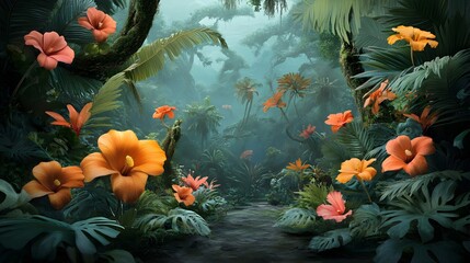 Lush Tropical Jungle with Bright Flowers and Vibrant Green Leaves