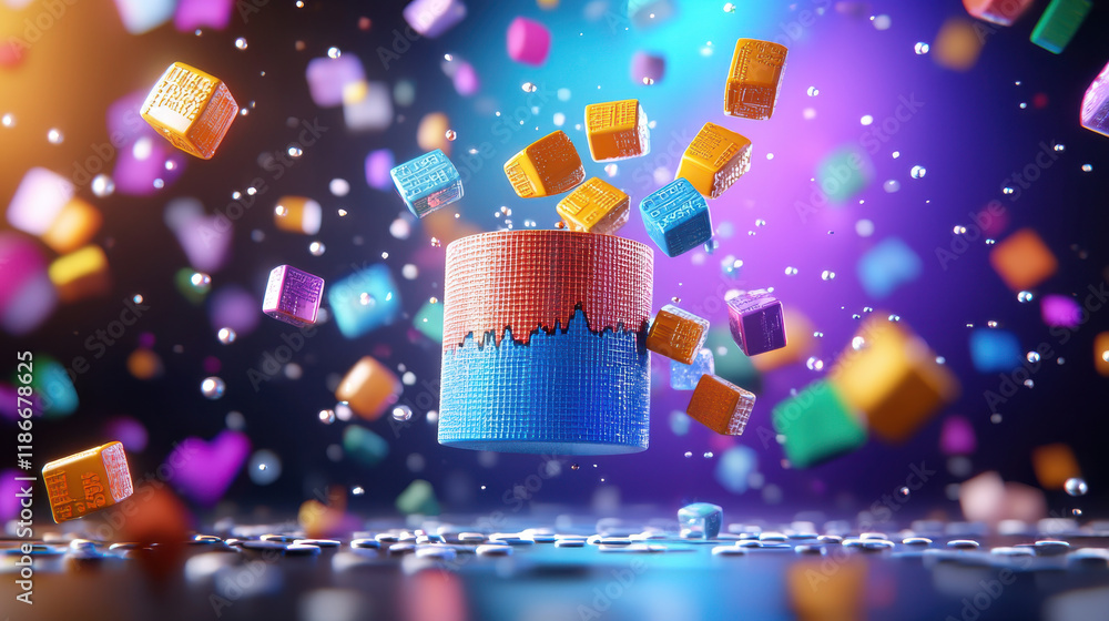 Poster creative visualization of data analysis featuring colorful cubes and graph. vibrant colors and dynamic elements evoke sense of innovation and technology