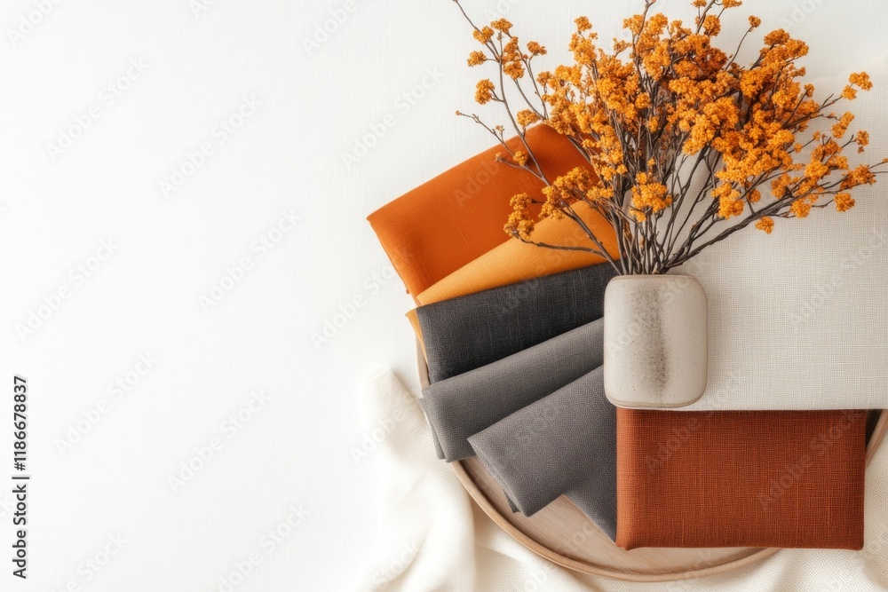 Poster a minimalist depiction of a fabric swatch book, showing clean blocks of neutral colors and simple pa
