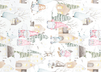 Watercolor seamless pattern with farm animals, tractor, farm house, tree
