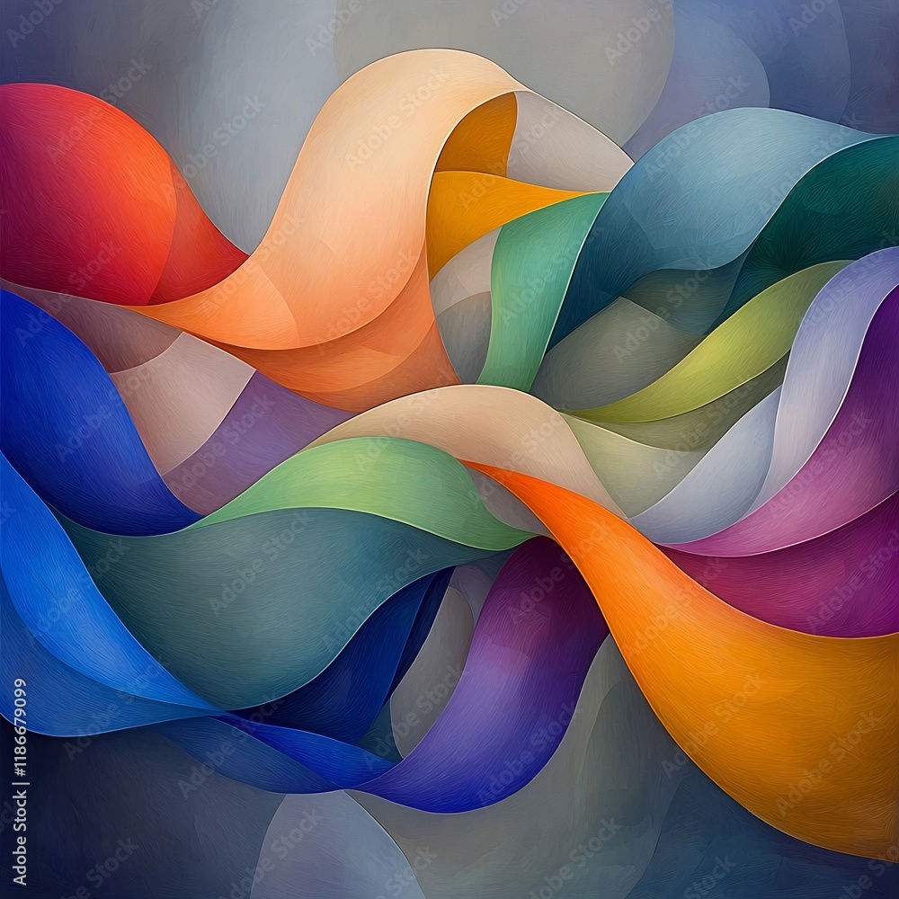 Poster vibrant abstract backdrop featuring shimmering undulating iridescent ribbons in a dynamic fluid geom