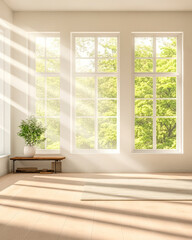 Fototapeta premium Bright and airy interior with large windows and greenery visible outside