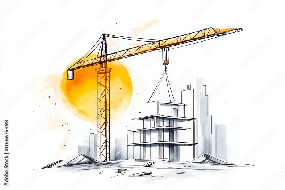 Poster A minimalist line drawing of a construction site, featuring a crane and a half-built structure under a simple sun