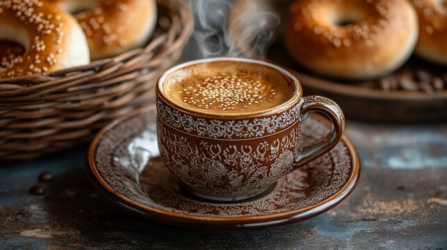 Steaming coffee cup with sesame bagels.