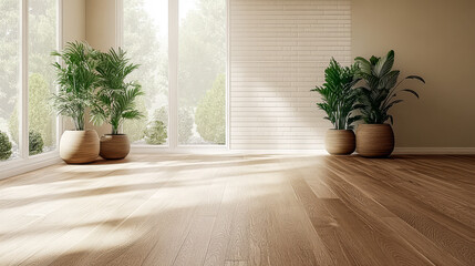 Fototapeta premium Bright and airy interior space with plants and wooden flooring during daylight hours