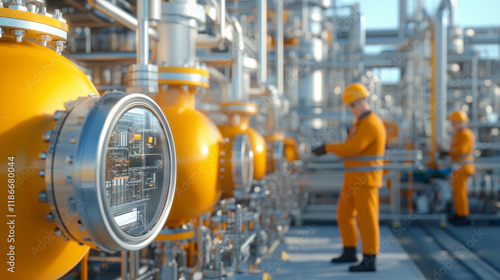 Poster modern industrial facility with advanced engineering, showcasing detailed infrastructure and efficie