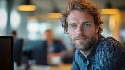 Fototapeta premium Focused Professional: A confident young man with a determined gaze and tousled blond hair sits at his desk, looking directly at the camera. The office setting is a blur in the background.