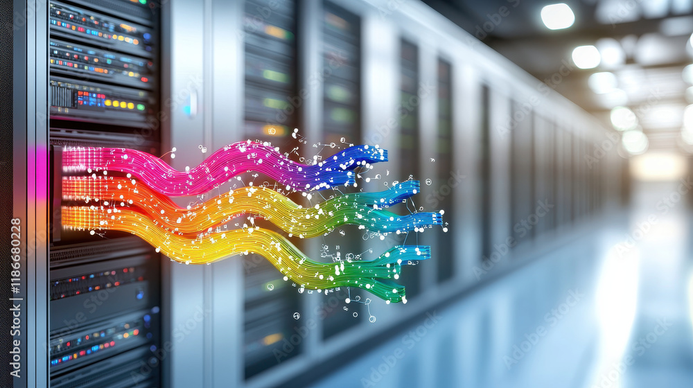 Aufkleber digital representation of big data processing with colorful data streams flowing from server in mode