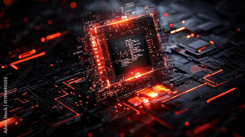 Leinwandbilder digital rendering of futuristic microchip with glowing circuits, showcasing data visualization and technology. vibrant colors create dynamic atmosphere