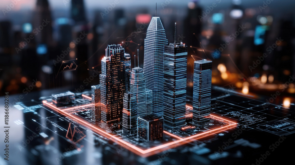 Poster digital rendering of futuristic city skyline with glowing buildings, showcasing growth chart and tec