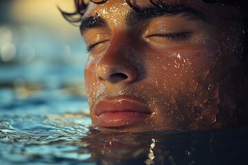 A person swimming underwater with a calm and peaceful expression