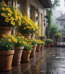 Obraz premium A garden filled with potted yellow flowers in pots on a porch of a house with rain falling around it, garden, nature, architecture