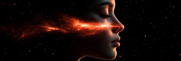 Digital Face Profile With Flowing Particles, Conceptual Image Of Artificial Intelligence.