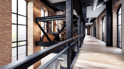 Obraz premium Expansive Industrial Loft Interior with Exposed Metal Beams and Large Windows