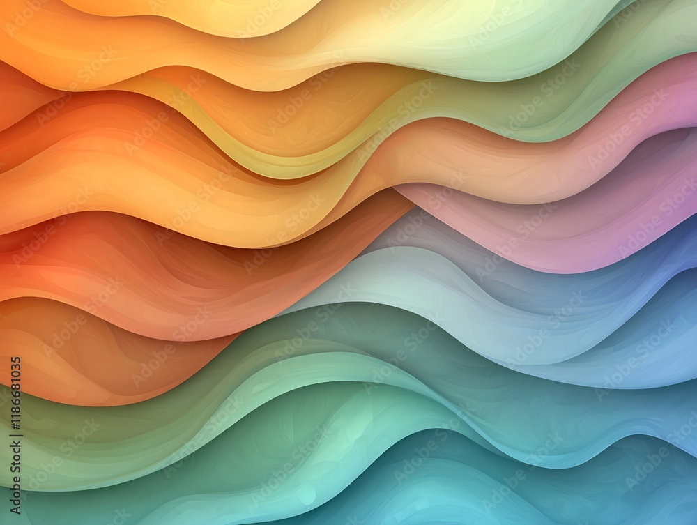 Poster undulating abstract background with iridescent wavy shapes in a spectrum of warm hues and vivid colo