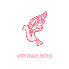 Vintage Bird Pink line Art Design with Text in White background.