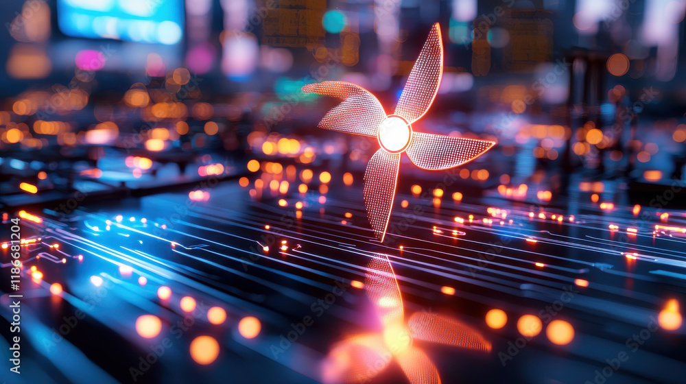 Poster dynamic image of fan blade with glowing lights and circuit patterns, showcasing technology and innovation in futuristic setting