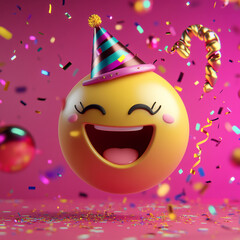 Fototapeta premium Joyful Emoji Birthday Celebration 3D Render of Smiling Face with Party Hat and Confetti