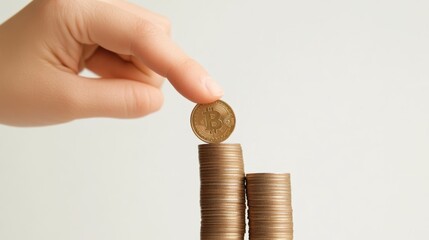 Woman's hand carefully positions a bitcoin atop two stacks of coins, illustrating the concepts of cryptocurrency investment, financial growth, and wealth accumulation