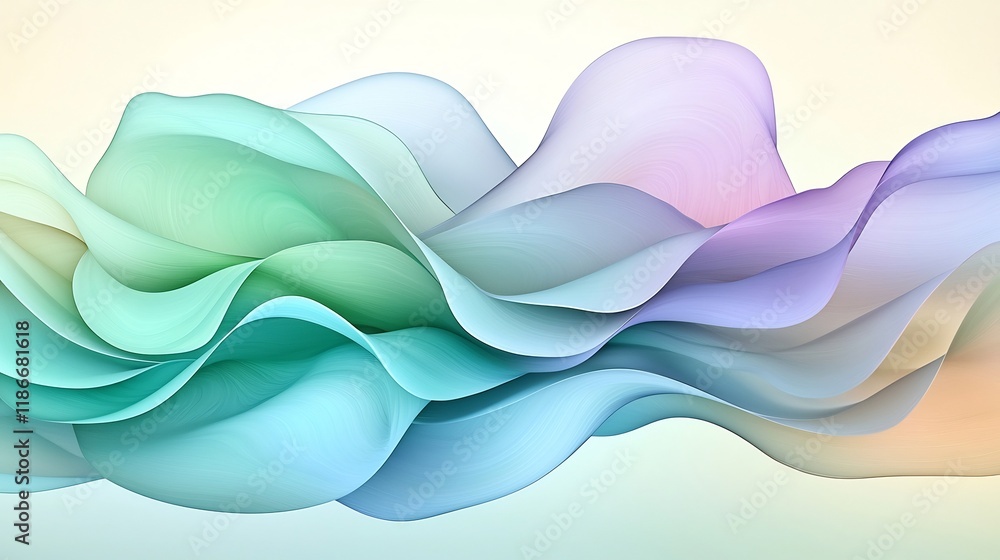 Poster cascading waves of colorful iridescent shapes in a dreamy abstract background design with a soft haz