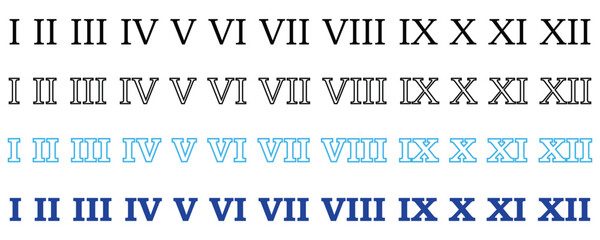 Roman numerals icon set, numbers from one to twelve in roman style isolated on white background.