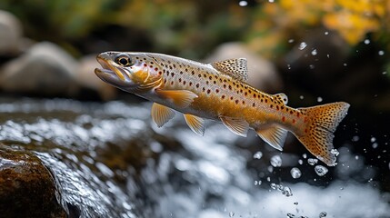Brown trout leaping in a mountain stream