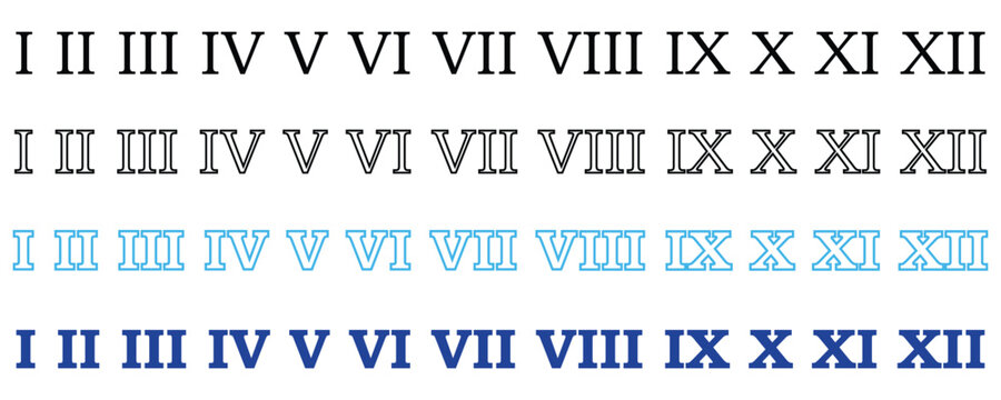 Roman numerals icon set, numbers from one to twelve in roman style isolated on white background.