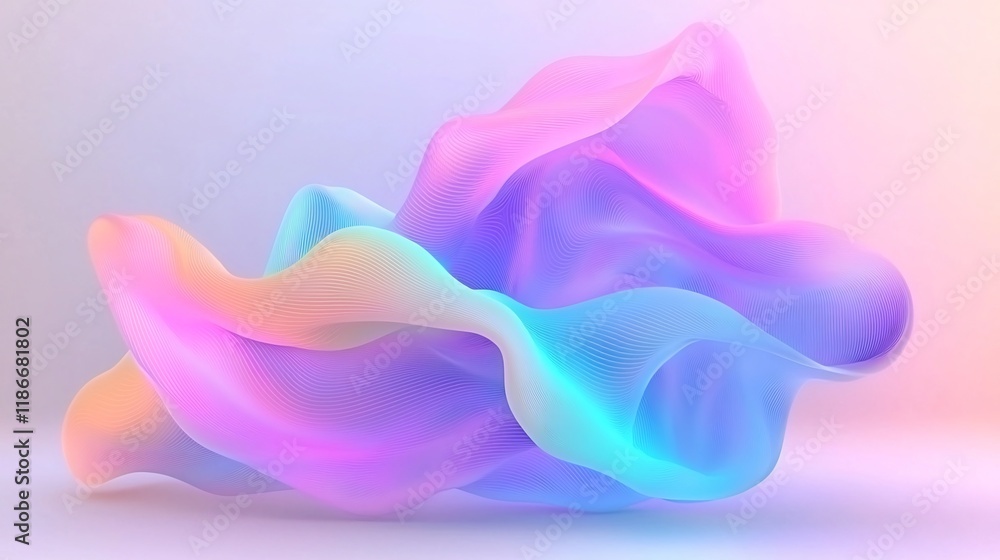 Poster billowing wavy iridescent shapes in a captivating neon color palette creating a hypnotic and dynamic
