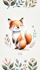 Fototapeta premium Adorable minimalist watercolor illustration of a smiling fox, perfect for art prints and nature-themed designs