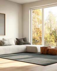 Fototapeta premium Cozy living room with autumn view through large windows and stylish furniture arrangement