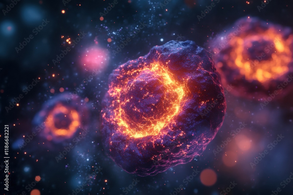 Poster cancer cells with glowing edges reveal intricate details under microscopic view in vibrant colors. g