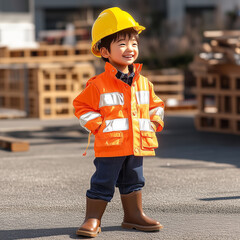 A cartoon-style, East Asian child construction worker, about 8 years old, is dressed in a bright orange waterproof jacket with reflective details, a yellow hard hat,