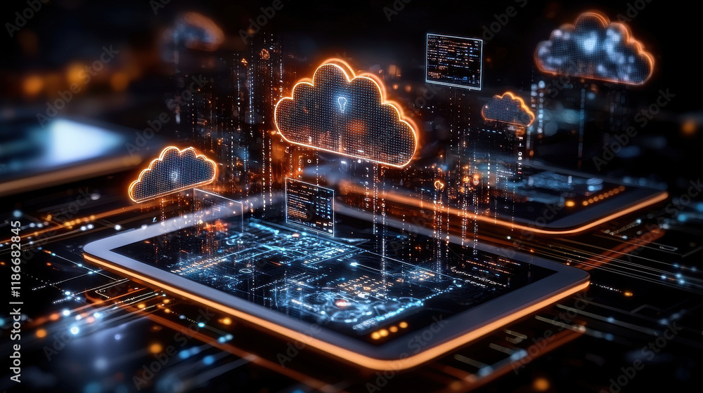 Poster digital representation of cloud gaming technology showcasing vibrant clouds, data streams, and futur
