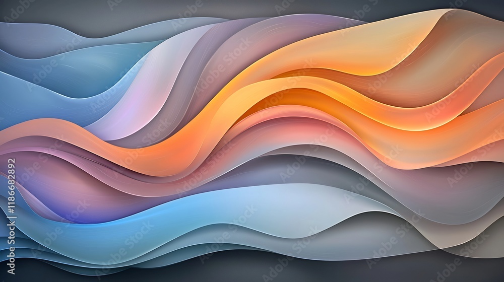 Poster captivating metallic waves a serene digital abstract design featuring iridescent curving shapes in e