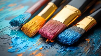 Fototapeta premium Colorful paintbrushes rest on a vibrant painted canvas