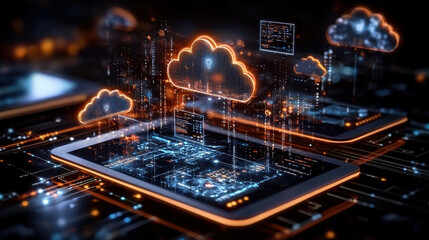 digital representation of cloud gaming technology showcasing vibrant clouds, data streams, and futuristic interface on tablet. This captures essence of modern gaming