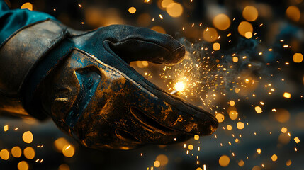 Close-up of a gloved hand holding glowing sparks during metalwork