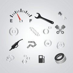 All parts motorcycle icons, helmet, gloves, jacket, petrol pump, Gear, motorcycle parts, bike logo with a silver background