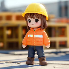 A cheerful East Asian child construction worker in a 3D cartoon style stands on a sunny construction site, wearing a bright orange jacket with reflective details and a yellow hard hat
