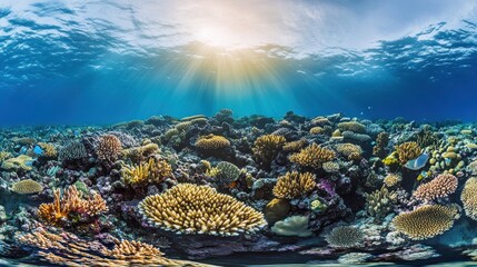 Naklejka premium Sunbeams Illuminating a Vibrant Coral Reef