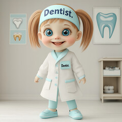 A cheerful toddler girl, cartoon-style, with light-brown pigtails, bright-blue eyes, dressed in a light-white lab coat with light-blue accents and a matching headband labeled "Dentist