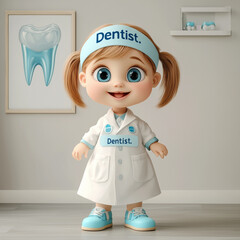 A cheerful toddler girl, cartoon-style, with light-brown pigtails, bright-blue eyes, adressed in a light-white lab coat with light-blue accents and a matching headband labeled "Dentist