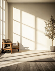 Fototapeta premium Sunlit modern interior with wooden chair and potted plant in minimalist design