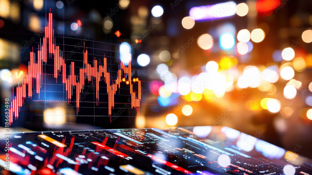 Poster high resolution depiction of stock market trends with vibrant city lights. image showcases digital g