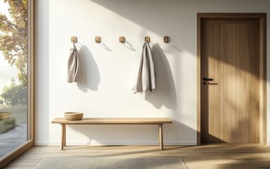 A photorealistic depiction of a Scandinavian home entrance, where oak coat hooks line the wall beside a simple bench and door. 