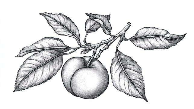 Naklejki Black and white illustration of peach with leaf, Ai generated image