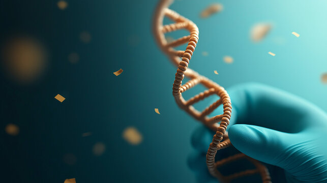 A gloved hand delicately holds a DNA strand against a teal background, with gold confetti floating around.