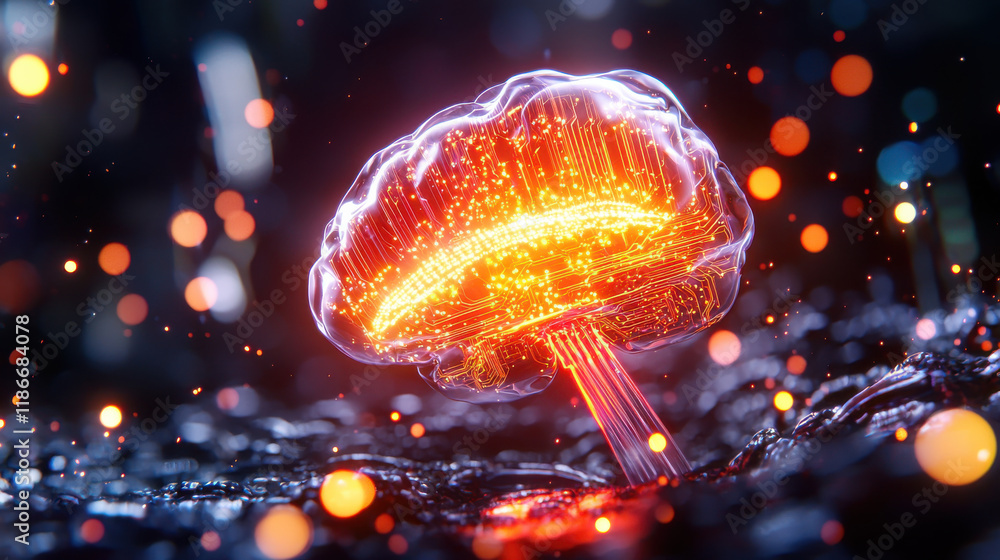 Poster highly detailed close up of artificial intelligence concept, showcasing glowing neural network structure with vibrant colors and dynamic particles. image evokes sense of innovation and technology