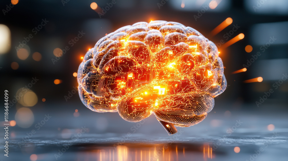 Aufkleber highly detailed close up of glowing artificial intelligence brain, showcasing intricate circuitry an
