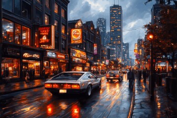 A pixel art representation of a lively urban street at night, with animated neon signs, moving cars, and tiny pixelated pedestrians